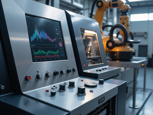Automation tools interface showing process flow diagrams and robotic process automation elements, dark theme with blue highlights