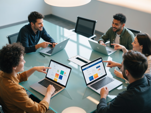 Professional team working together in modern office environment, people discussing around table with laptops and monitors, collaborative atmosphere